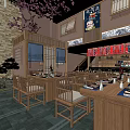 Japanese Restaurant Interior With Wooden Tables Chairs And Mt Fuji Painting