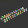 Model Bridge with Metal Frame Structure Featuring Orange Bus Blue Car and White Truck