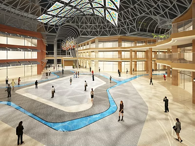 Vibrant Multi Level Shopping Mall Atrium With Glass Skylight Geometric Floor And Water Feature 3d model
