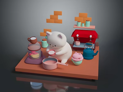3D Model Scene With White Cartoon Cat And Laptop Near Coffee Machine And Cups 3d model
