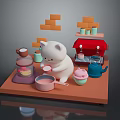 3D Model Scene With White Cartoon Cat And Laptop Near Coffee Machine And Cups