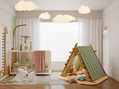 Cozy Kids Room With Cloud Pendant Lights Teepee Tent And Animal Decor 3d model