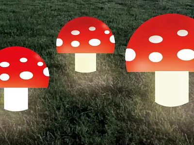Mushroom Shaped Outdoor Lights with Red Cap White Stem Glowing on Green Grass 3d model