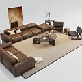 Brown Leather L Shaped Sofa Set With Round Coffee Table And Accent Chairs 3d model