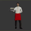 Man Standing in White Shirt and Red Apron Holding Tray with Glasses of Drinks