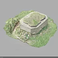 Grass Roof Building Model With Green Landscape And Stone Wall Design Features