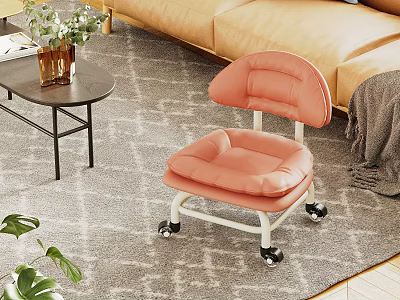 Pink Padded Stool With Backrest And Wheels In Living Room With Sofa And Coffee Table 3d model