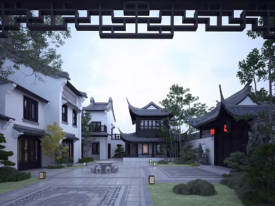 Traditional Chinese Garden Landscape with Stone Pavement Courtyard Lanterns and Ancient Buildings 3d model