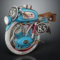 Vintage Blue Motorcycle With Number 85 On Wheels DR CANADA Logo And Leather Seat