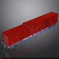 Red Container Freight Train Car With Blue Base And Wheels On Gray Background