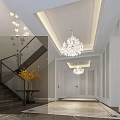 Modern Staircase Interior With Glass Railing Marble Floor Pendant Lights And Yellow Flowers