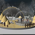 Belle's Winter Themed Decorative Scene With Snow Globe Small House Snowman Yellow Cones And Fence