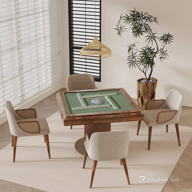 Stylish Living Space With Wooden Table Woven Chairs Potted Plant And Pendant Lamp 3d model 