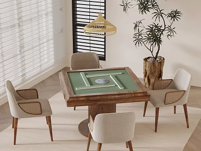 Stylish Living Space With Wooden Table Woven Chairs Potted Plant And Pendant Lamp 3d model