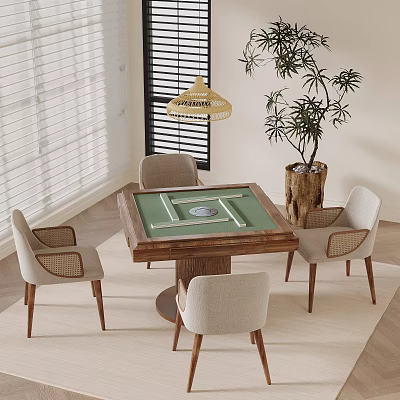 Stylish Living Space With Wooden Table Woven Chairs Potted Plant And Pendant Lamp 3d model