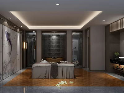 Serene SPA Sauna Interior With Massage Bed Wooden Floor And Decorative Stone Wall 3d model
