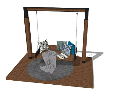 Outdoor Playground Equipment With Wooden Swing Frame Pillows And Brick Floor Rug 3d model