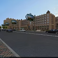 Scenic Commercial Street With Multi Story Buildings Decorative Billboards And Passing Vehicles