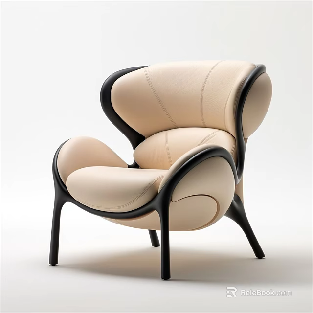 Elegant Modern Accent Chair With Beige Leather Curved Shape And Black Frame Design 3d model 