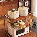 Metal Frame Wooden Top Storage Shelf with White Pots Microwave Wire Basket Jars Spices in Kitchen