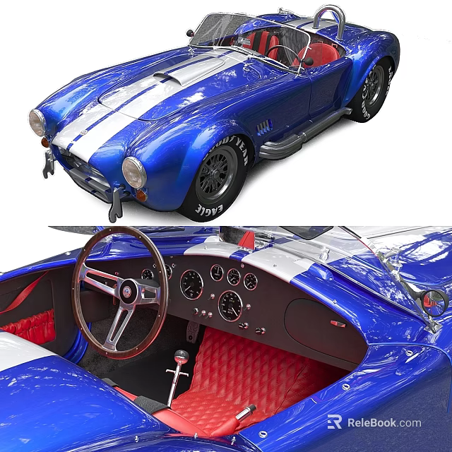Blue Vintage Convertible Sports Car with White Stripes Red Seats Wooden Steering Wheel 3d model 
