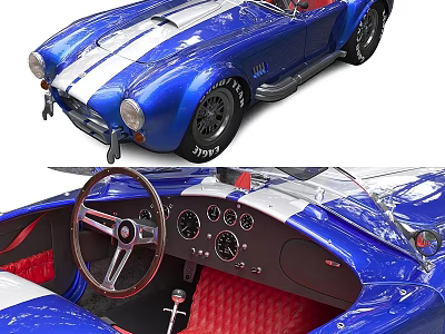 Blue Vintage Convertible Sports Car with White Stripes Red Seats Wooden Steering Wheel 3d model