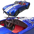 Blue Vintage Convertible Sports Car with White Stripes Red Seats Wooden Steering Wheel