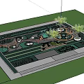 Green Children's Playground With Circular Curved Slides Swings Trees And Seating Areas
