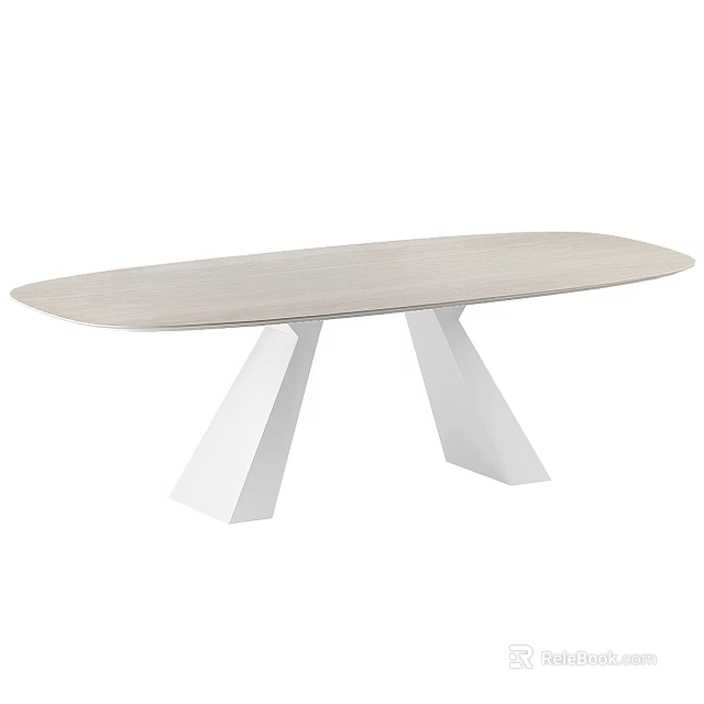 Modern Oval Dining Table With Light Wooden Top And White Geometric Legs Design 3d model 