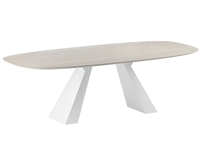 Modern Oval Dining Table With Light Wooden Top And White Geometric Legs Design 3d model