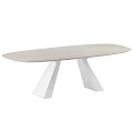 Modern Oval Dining Table With Light Wooden Top And White Geometric Legs Design