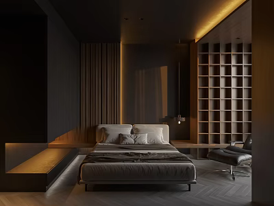 Modern Dark Bedroom Interior With Wooden Accents Ambient Lighting And Platform Bed 3d model