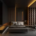 Modern Dark Bedroom Interior With Wooden Accents Ambient Lighting And Platform Bed