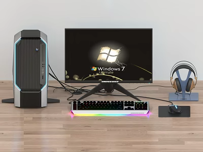 Desktop Computer Setup With PC Case Monitor RGB Keyboard Mouse And Gaming Headphones 3d model