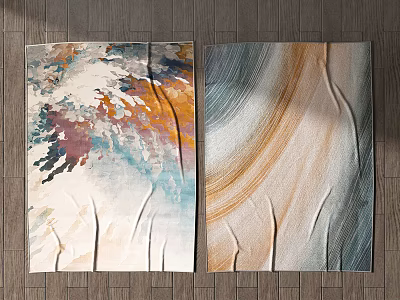 Modern Abstract Square Rugs With Blue Orange White Brushstroke Patterns And Textured Design 3d model