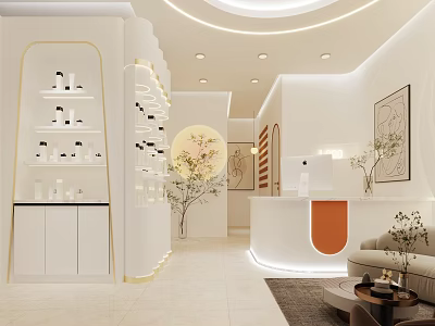 Bright Modern Beauty Hair Salon Interior With White Orange Decor Product Shelves And Reception Area 3d model