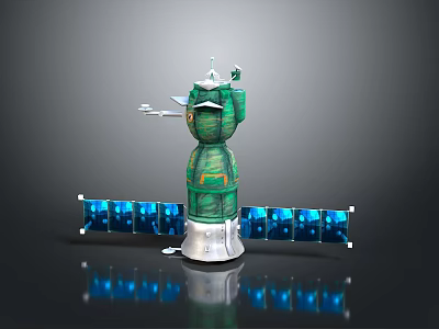 Green Space Equipment Featuring Satellite Structure Silver Base And Blue Solar Panels 3d model