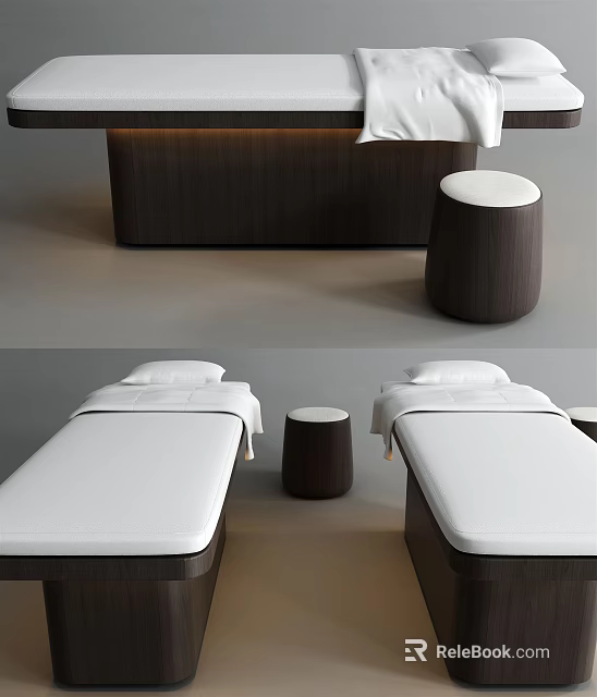 Elegant Modern Massage Bed Interior With White Mattress And Wooden Stools 3d model 