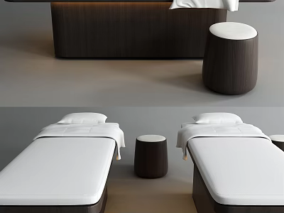 Elegant Modern Massage Bed Interior With White Mattress And Wooden Stools 3d model