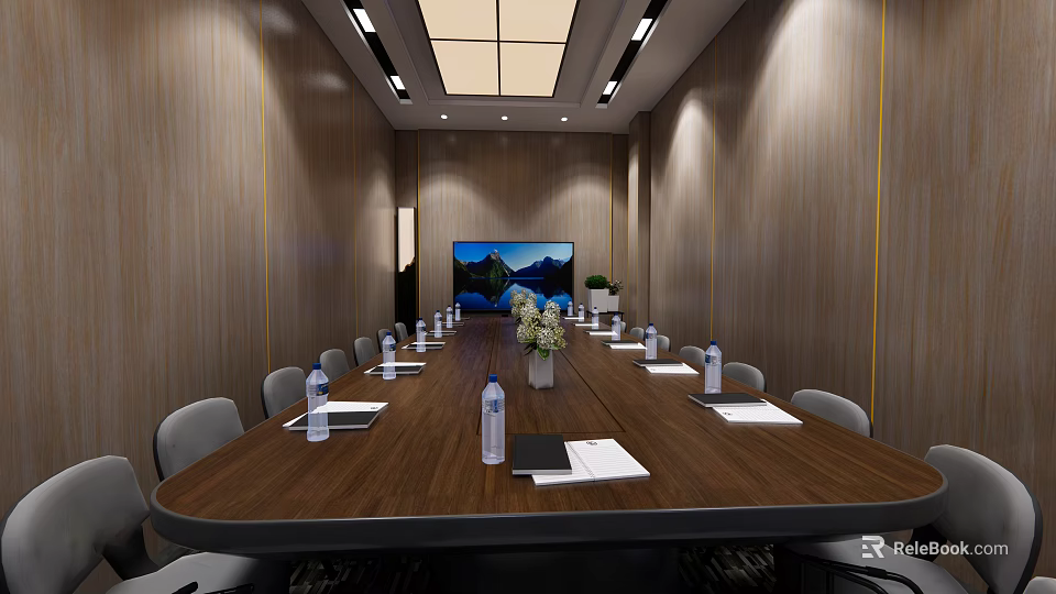 Modern Conference Room Interior With Long Wooden Table Water Bottles And Large Screen 3d model 