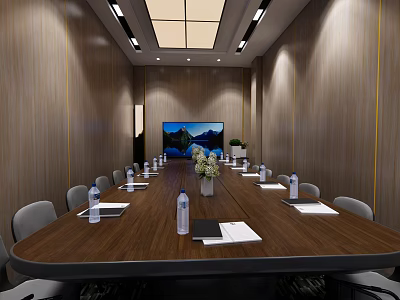 Modern Conference Room Interior With Long Wooden Table Water Bottles And Large Screen 3d model