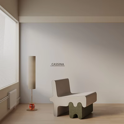 Modern CASSINA Dining Chair With Floor Lamp White Wall And Wooden Floor In Minimalist Room 3d model