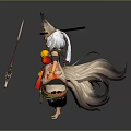 Anime Style 3D Character Model With Fox Ears Tail And Polearm Weapon