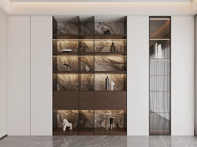 Modern Bookcase With Glass Doors Layered Shelves Marble Backboard And LED Lighting 3d model