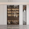 Modern Bookcase With Glass Doors Layered Shelves Marble Backboard And LED Lighting