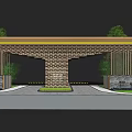 Modern Wooden Entrance Gate With Yellow Light Strips Stone Walls Green Plants And Curved Driveway