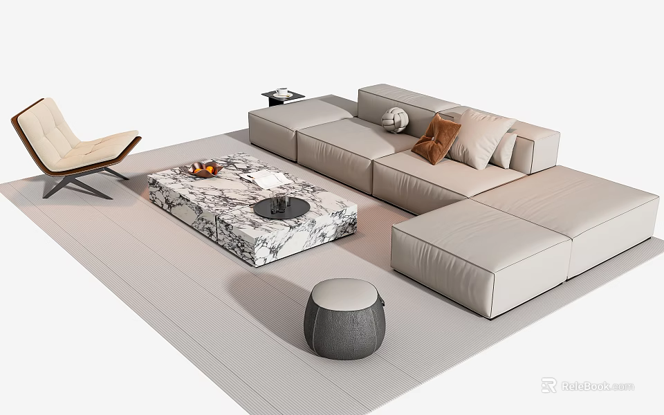 Modern Beige L-shaped Sofa and Coffee Table Set With Marble Top And Gray Ottoman 3d model 