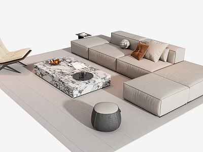 Modern Beige L-shaped Sofa and Coffee Table Set With Marble Top And Gray Ottoman 3d model