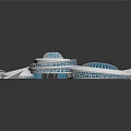 Cartoon Scenery Featuring Three Round Buildings With Blue Grid And White Structure Design