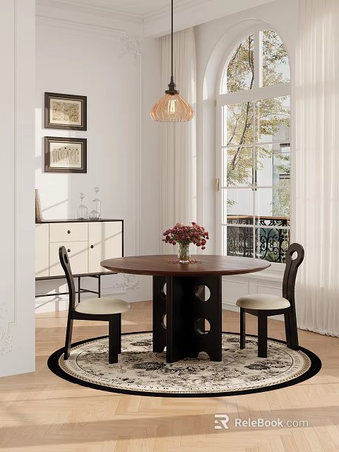 Round Wooden Table And Two Black Chairs with White Cushions and Flower Vase by Window 3d model 